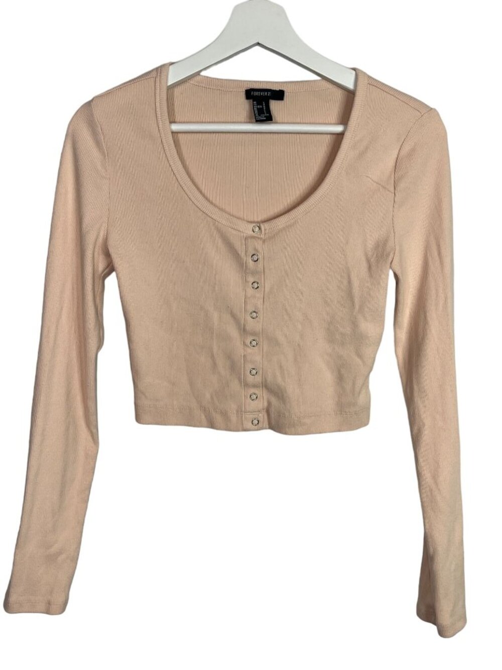 Forever 21 Womens L Beige Ribbed Crop Top Long Sleeve Scoop Neck Y2K Fitted